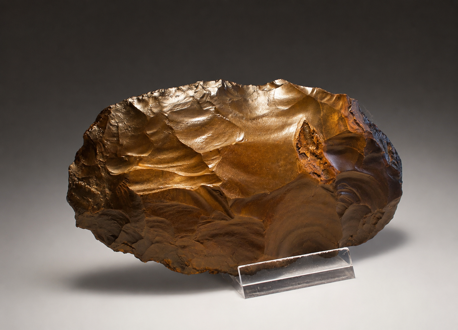 Pieza de contorno oval alargado con filo distal recto y amplio retoque bifacial sobre sílex de tono caramelo, cubierta por un marcado pulido eólico de «barniz del desierto».