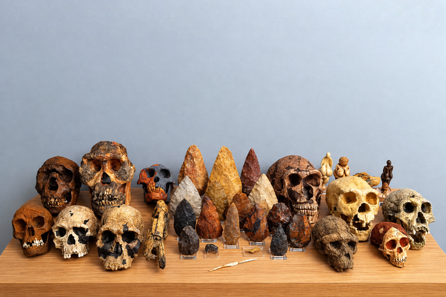 Colección de réplicas de cráneos de homininos y bifaces originales dispuestos sobre una mesa de madera.
