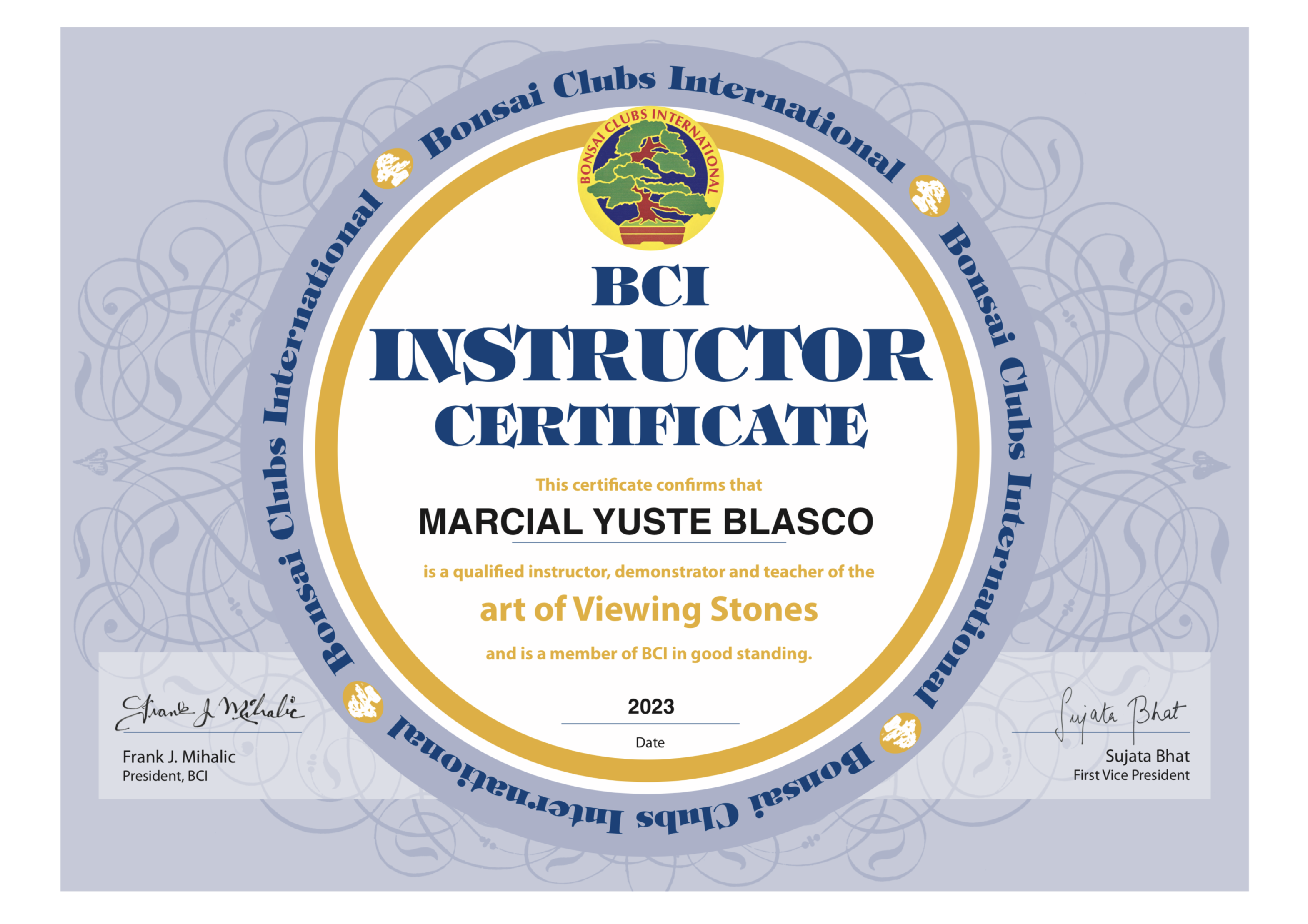 Diploma de Instructor de Suiseki de Bonsai Clubs International, otorgado a Marcial Yuste Blasco (Masaru Buko)
