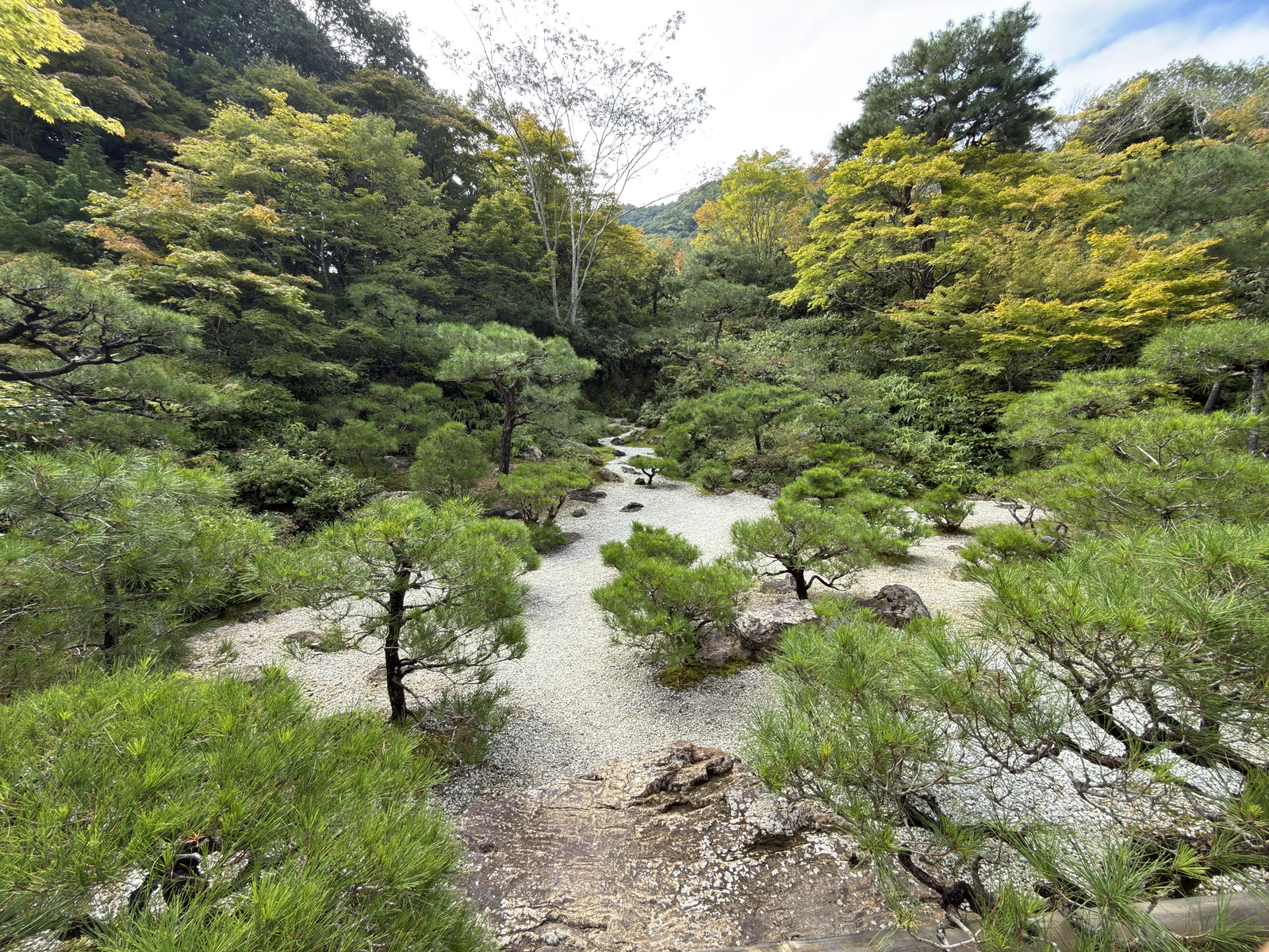嵐山・大河内山荘：松の間の砂利道