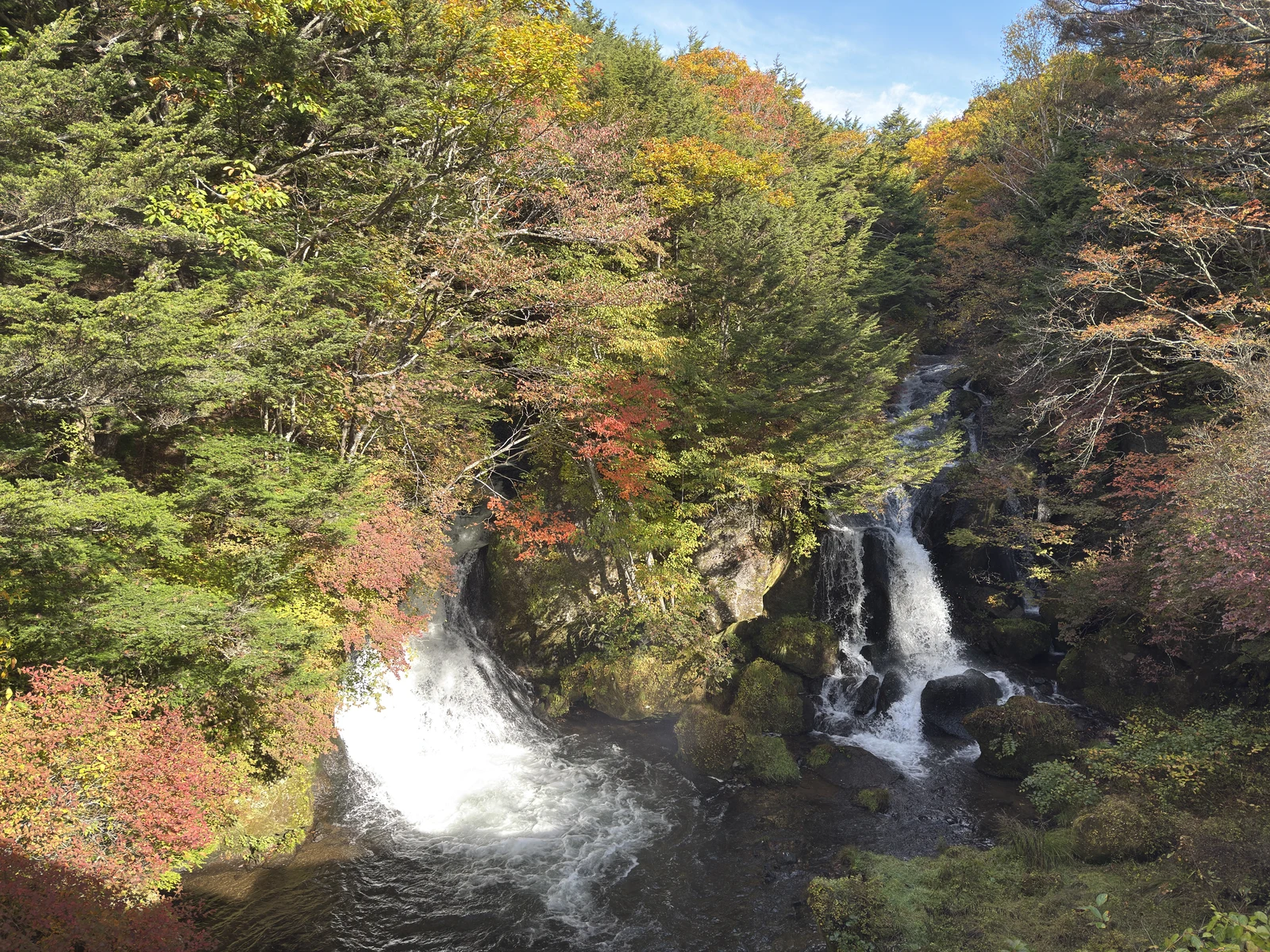 竜頭の滝：紅葉の中の流れ