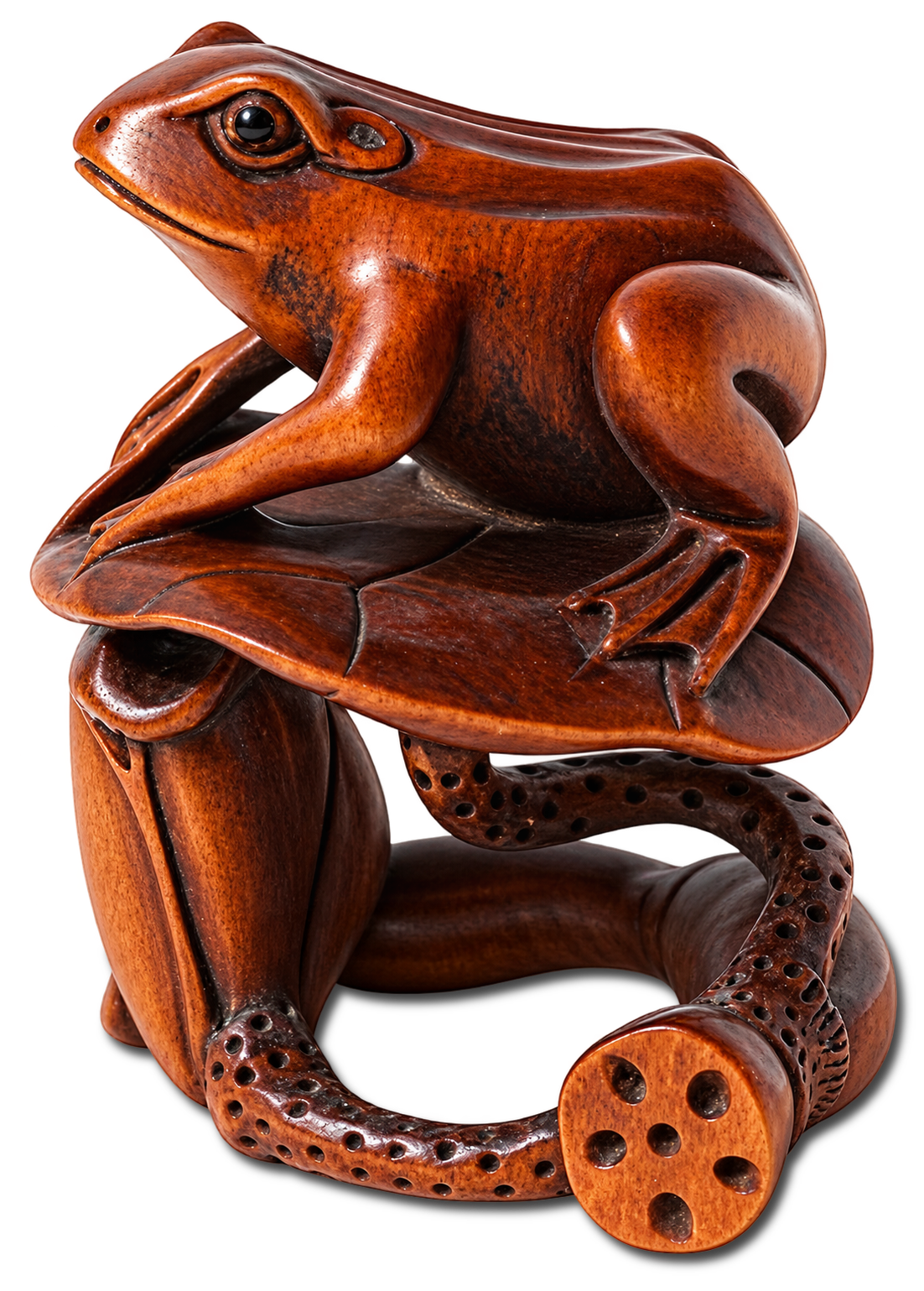 Netsuke de rana tallado en madera, pieza de la colección personal de Masaru Buko