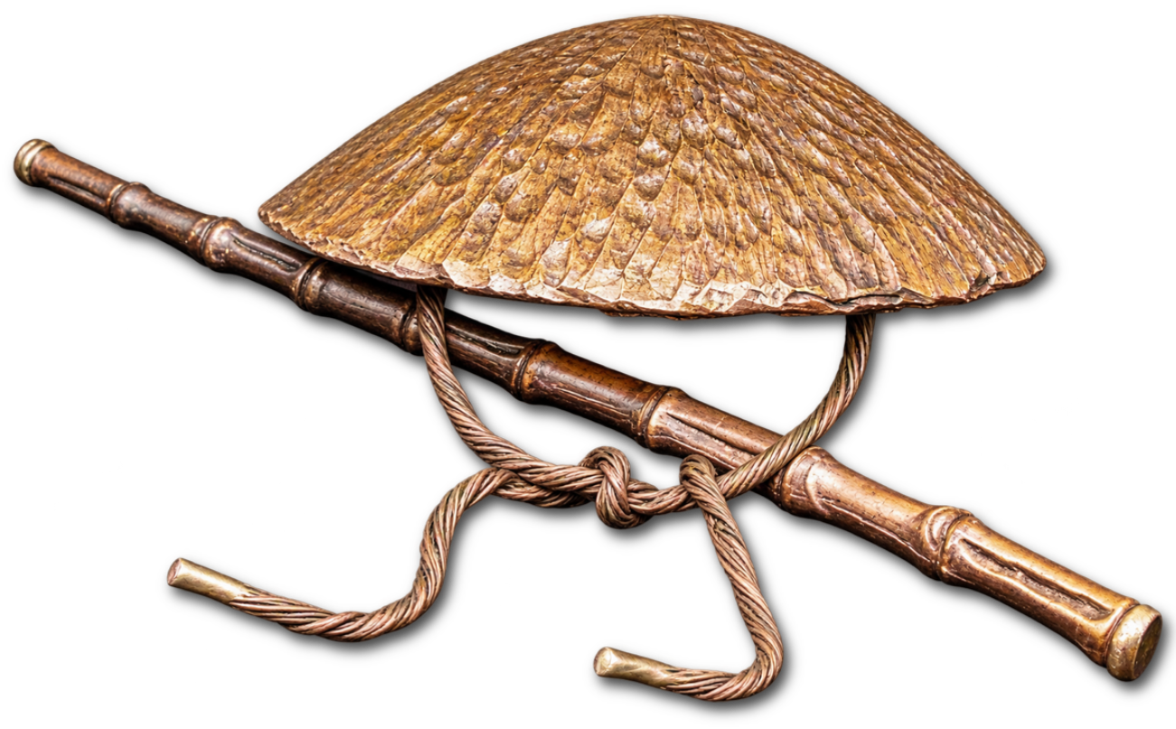 Tenkei de sombrero de peregrino y bastón