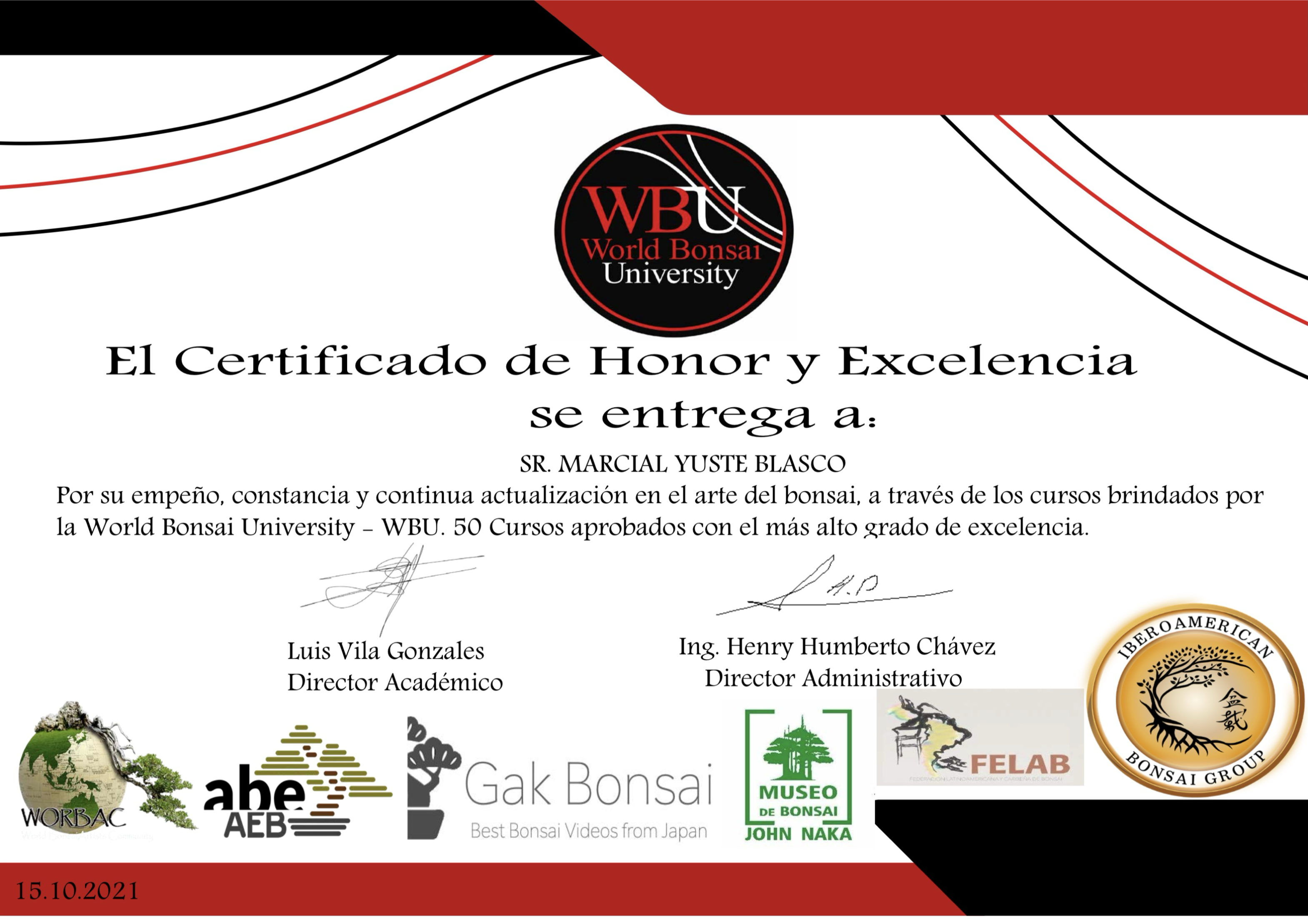 Certificado de Honor y Excelencia otorgado por World Bonsai University a Marcial Yuste Blasco
